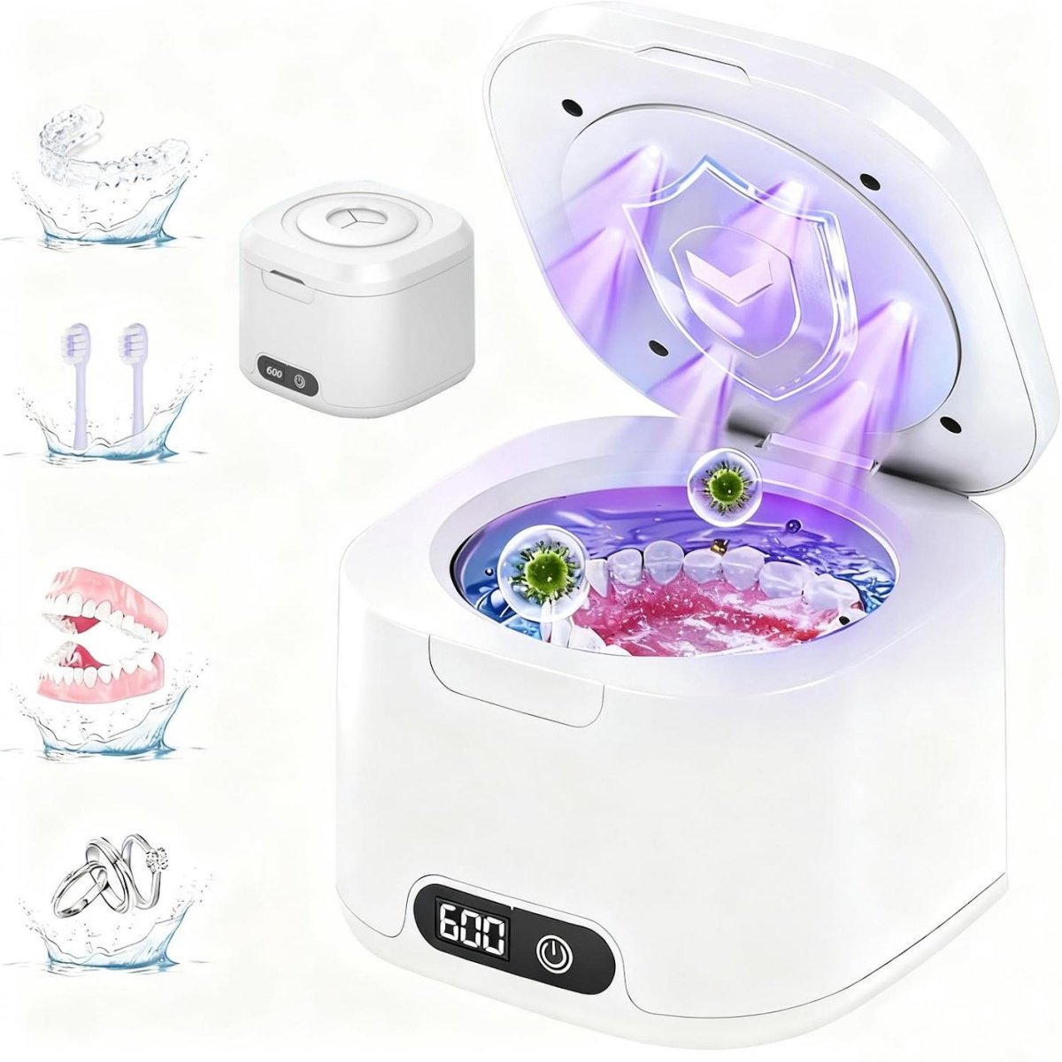 GELLDG Ultrasoonreiniger - 49.000 Hz - UV-ultrasoonreiniger - 340 ml - Met digitale timer - Reinigingsbakje voor gebitsartikelen - Geschikt voor aligners, retentiebeugels, doorzichtige aligners, kunstgebitten, tandenborstelkoppen en sieraden