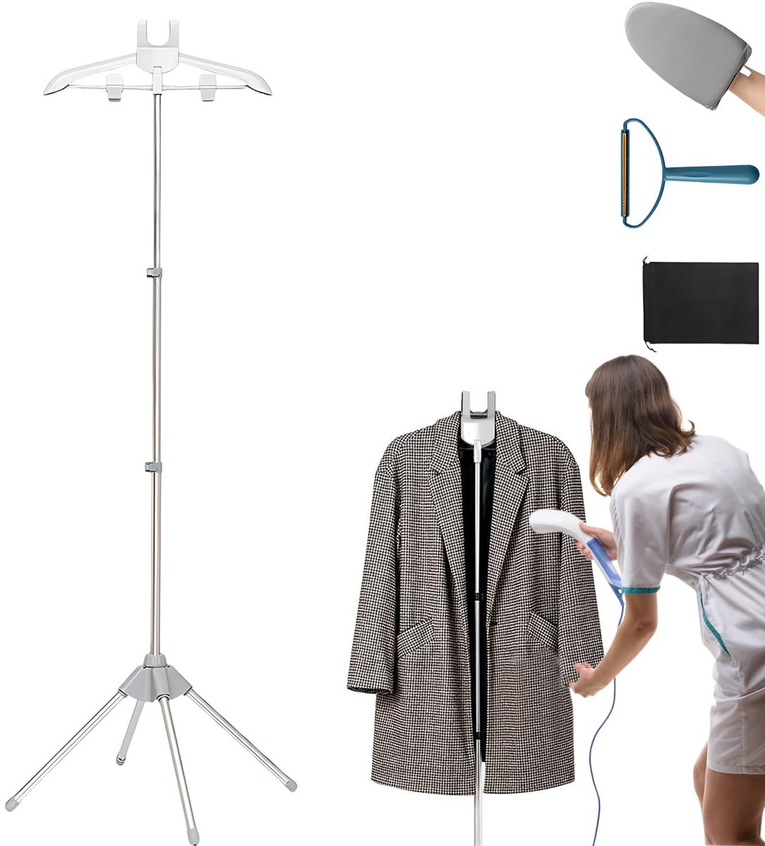 SnelShoppen - Kledinghanger voor Kledingstomer - Handheld Kledingstomerstandaard met Ophanghandschoen, Pluisroller en Telescopisch Statief - Grijs - P