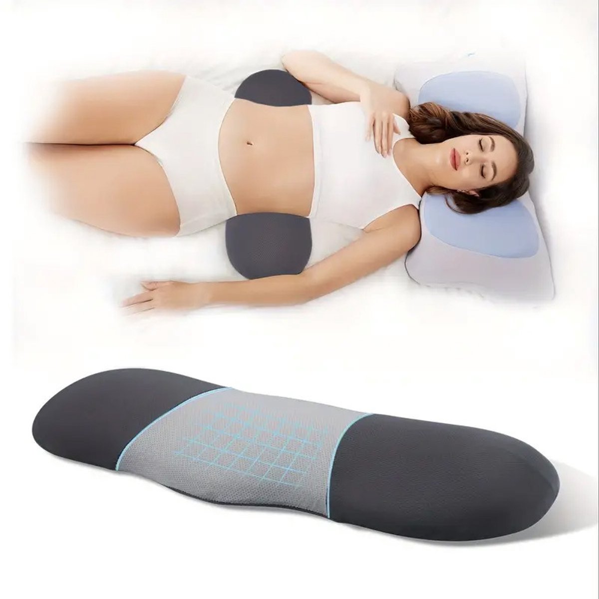 Ergonomisch botvormig lendenkussen in donker- en lichtgrijs, traagschuim onderrugsteunkussen voor liggen in bed, drukverlagend steunkussen tegen onderrugpijn en geschikt voor zwangere vrouwen