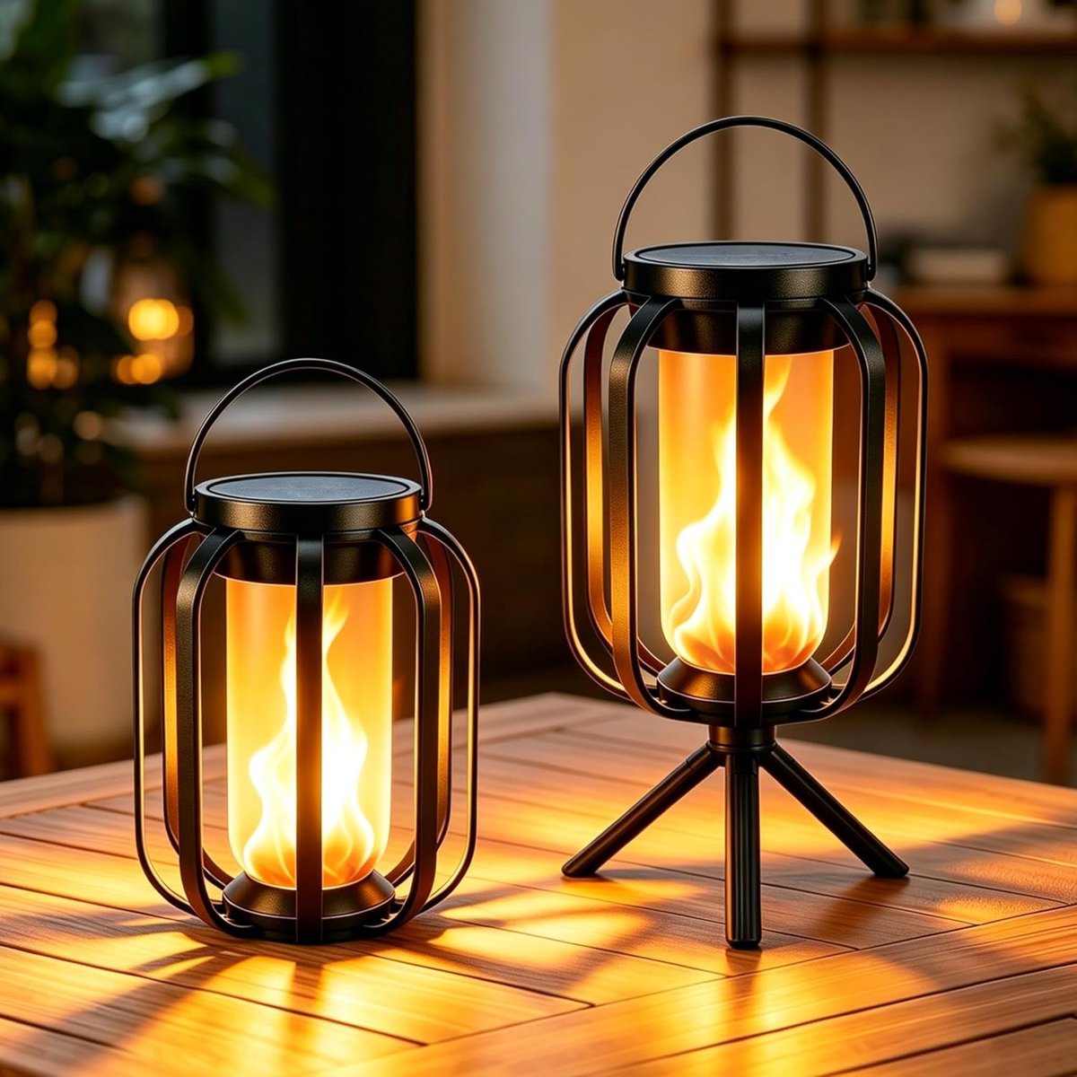 Solar lantaarns voor buiten – set van 2 waterdichte hanglampen met flikkerend vlam-effect, dubbel oplaadbaar via zonne-energie en USB, 2 standen – geschikt voor tuinpaden, terras, tafel en feestelijke decoratie.