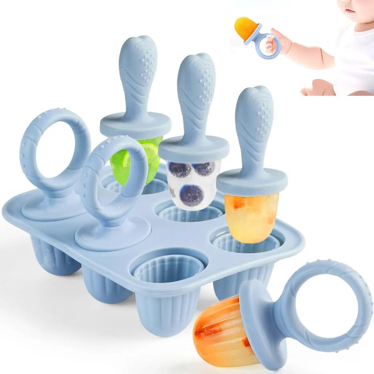 Siliconen ijsvormpje voor kinderen – Mini-ijsvormpje met bijtring, BPA-vrij, geschikt voor babyvoeding en ijsjes voor peuters, 18*26*5 cm
