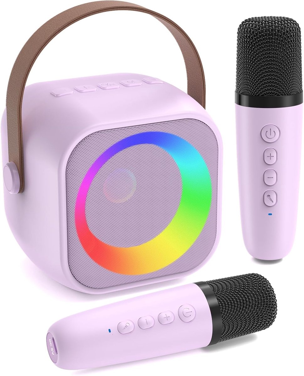 SnelShoppen - Karaoke Machine voor Kinderen met 2 Microfoons - Mini Karaoke Speelgoed voor Meisjes van 3-12 Jaar - Feest, Thuis, Reis, LED Lichtshow,