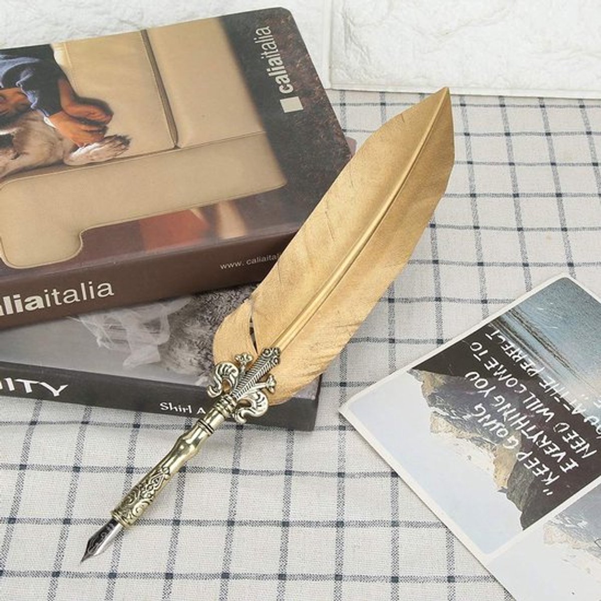 Veertjeset Luxe Vintage Kalligrafie - Veren Pen Set - Metalen Penhouder - Inktfles - Vervangende Penpunten - 1.0mm Penpunt - Kalligrafiepen