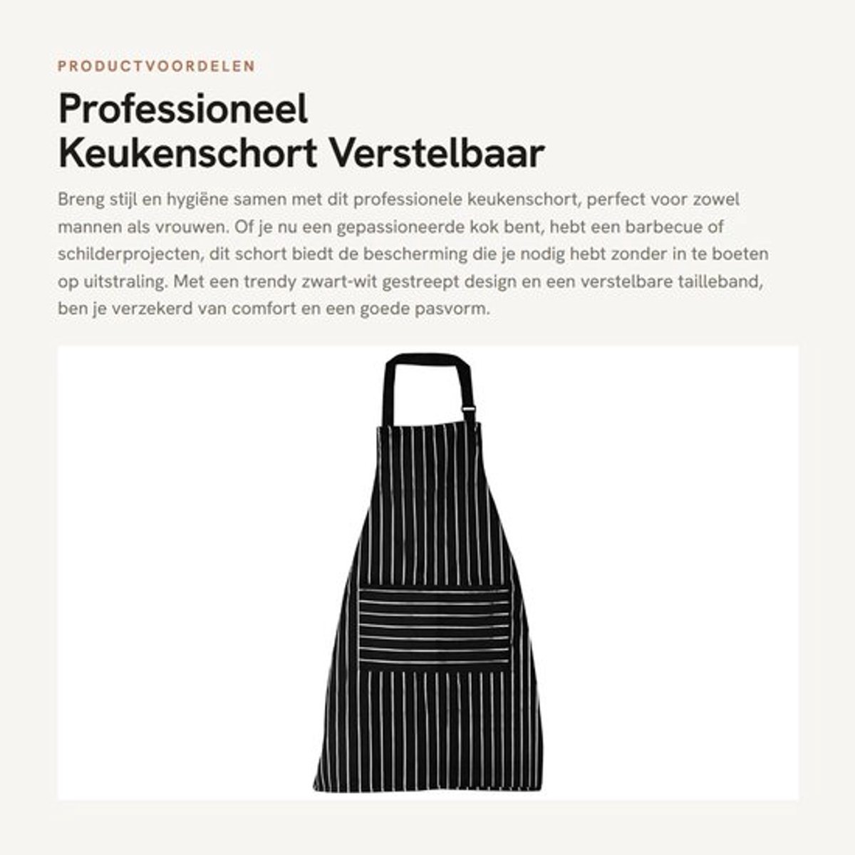 Keukenschort Professioneel - Verstelbaar Slabschort - 2 Ruime Zakken - Zwart/Wit Gestreept - Geschikt voor Koks - Lange Lengte - Kookschort