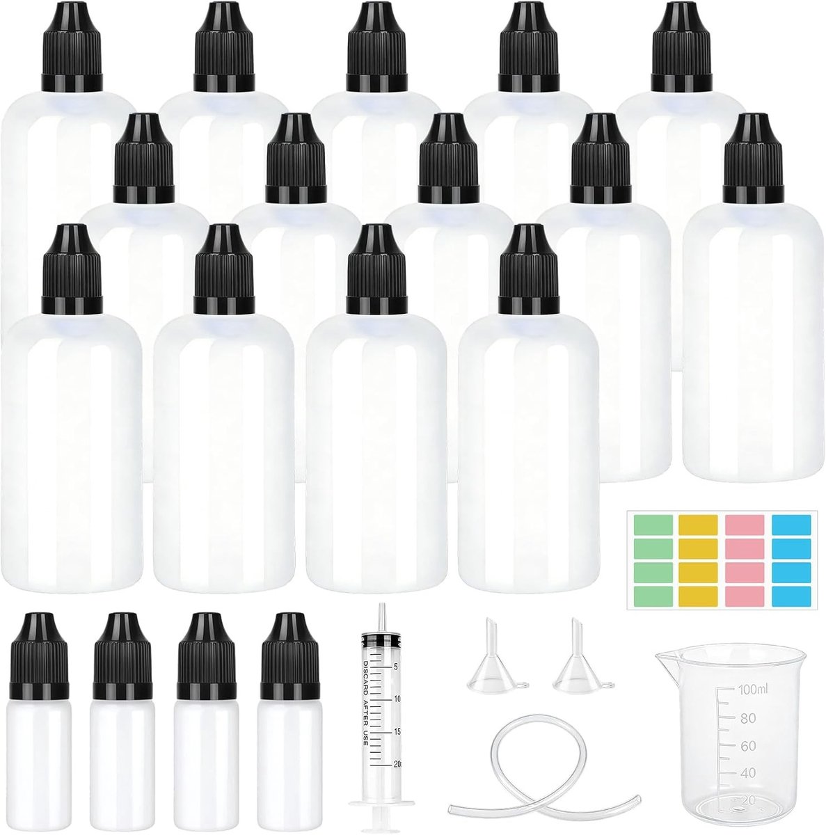 Set van 14 lege plastic flessen met druppelaar, inclusief 10ml en 20ml spuiten voor vloeis