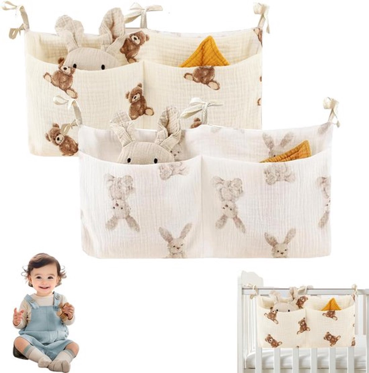 2 Stuks Babybedorganizer met Dierenmotieven