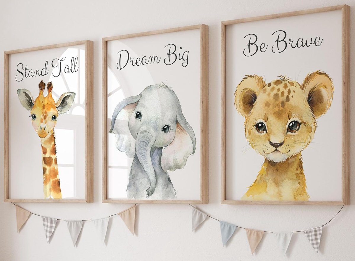 SnelShoppen - Set van 3 Ungeframed Posters Safari Dieren voor Kinderen - Wanddecoratie voor Babykamer - Giraffe, Olifant, Leeuw - Hoge Kwaliteit 300g