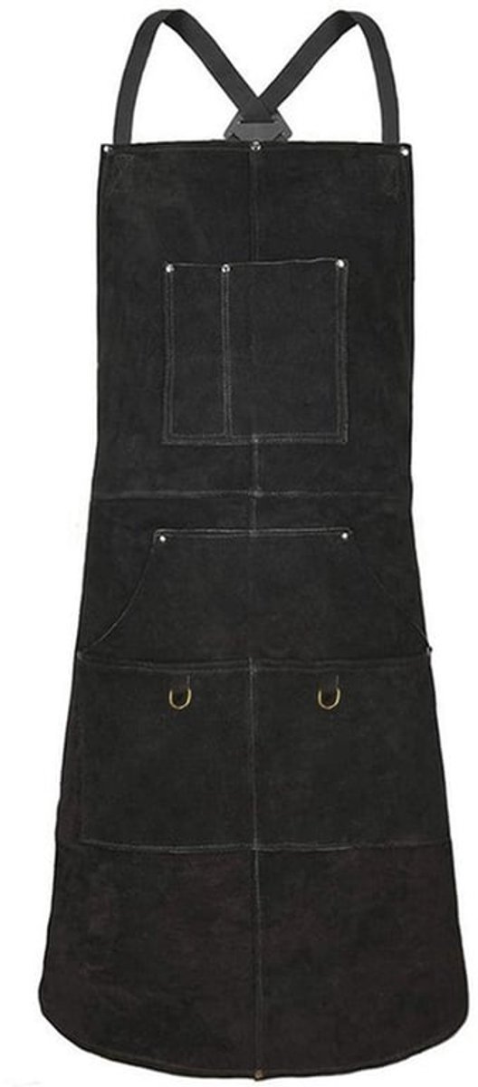 Gelast schort met 6 zakken - hittebestendig en vlamvertragend schort, 58 cm x 98 cm, verstelbaar van M tot XXXL (zwart).