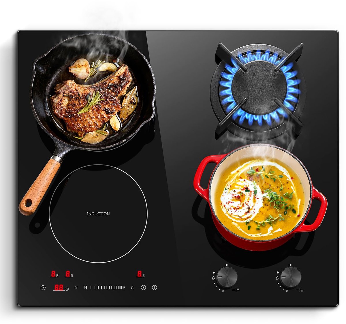 SnelShoppen Gas- en inductiekookplaat 60 cm met Boost-functie gietijzeren pothouder 6 9 kW sterke brander 9-traps touch-control timer 99 min ki