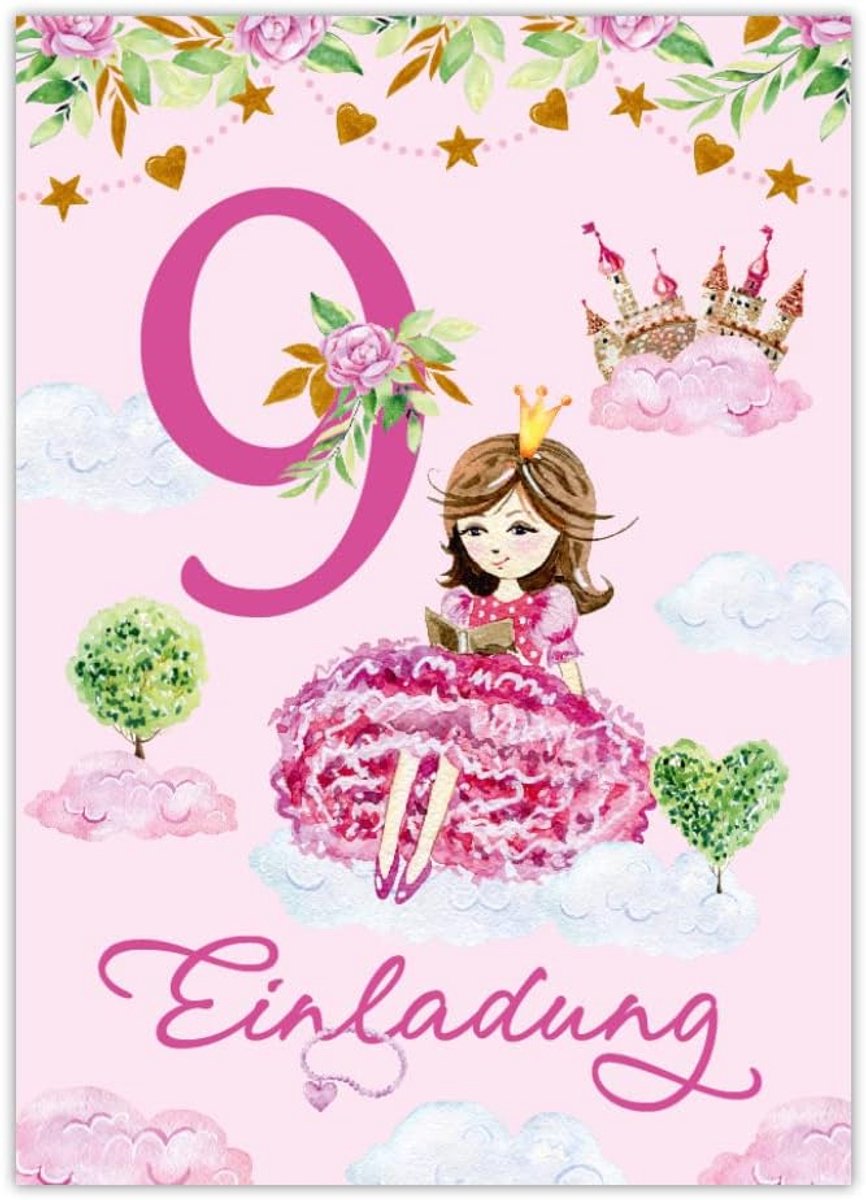 SnelShoppen - 12 Uitnodigingskaarten 9de Verjaardag Meisje Prinses Eenhoorn - Feestkaarten voor Kinderfeestje - Hoogripte UV Coating - 10.5x14.8 cm