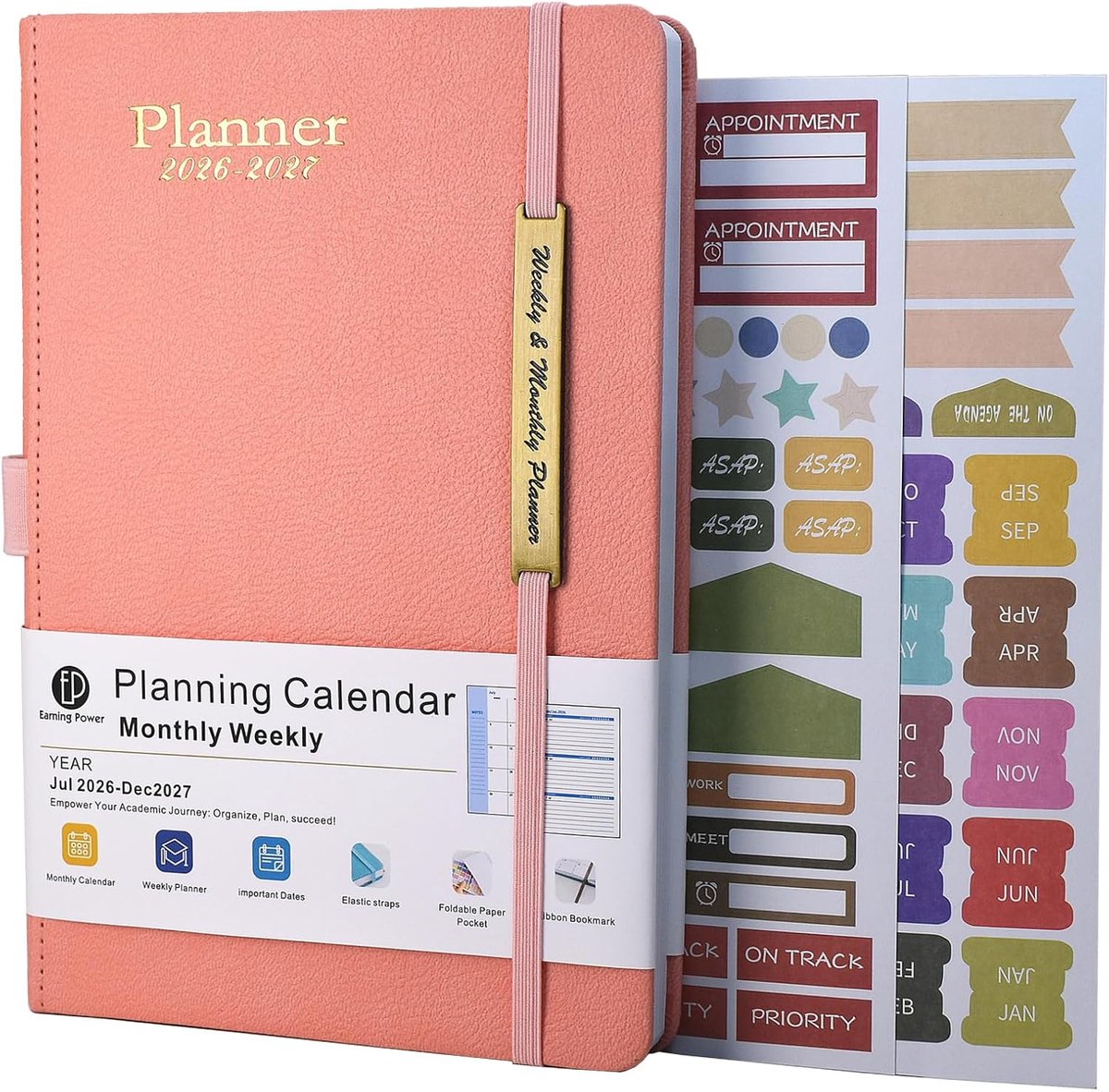 SnelShoppen - Dagboek 2026-2027 A5 Weekoverzicht met Lederen Hoes, Roze, 18 Maanden Planner, Week- en Maandindeling, Pennenlus, Binnenzak voor School,
