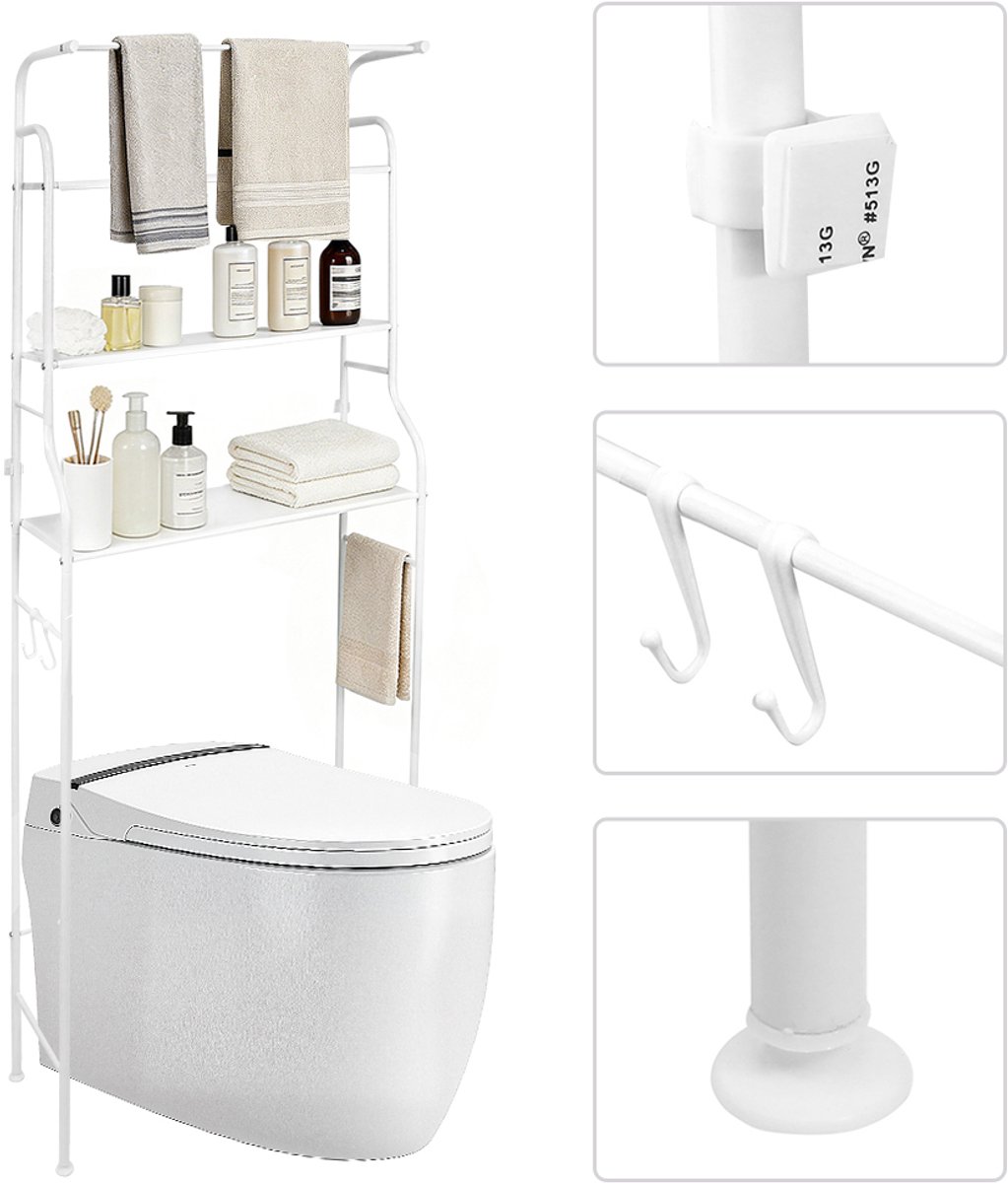 PIPIPOXER Wc Opbergrek - Wc meubel - Wc kast - opbergrek metaal - Ruimtebesparend Boven Toilet/Wasmachine - Badkamerrek 3-Laags-160x46x25cm-Wit