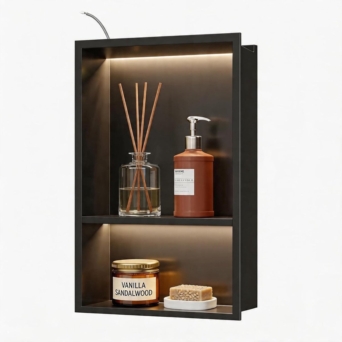 Waterdichte Douchezak met LED Verlichting, 45 x 30 cm, Rvs Wandniche voor Badkamer, Opslag en Decoratie, Warm Wit Licht, Ideaal voor Badkameraccessoires en Organisatie