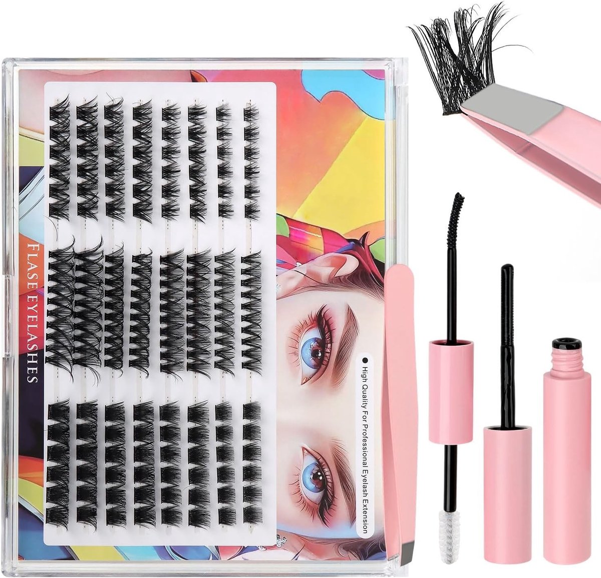 Complete set van 160 stuks clusterwimpers met brede wimperbanden voor volumineuze wimperlooks, inclusief gereedschap en variabele lengtes van 10 tot 16 mm