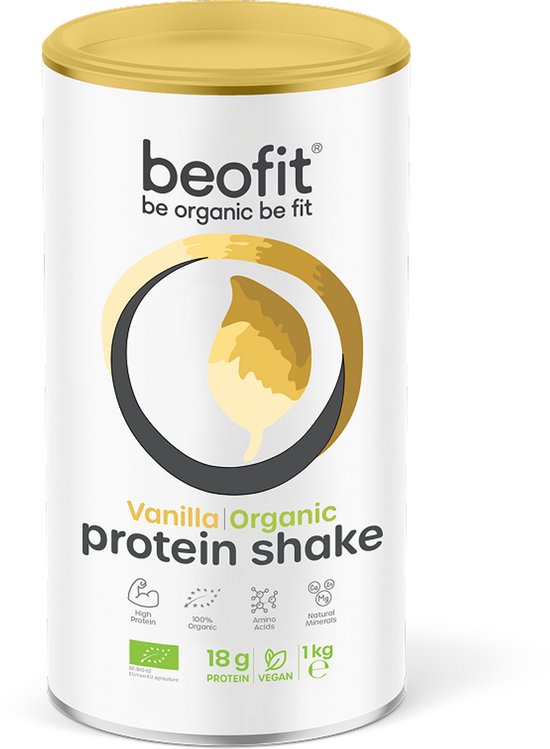 Beofit biologische vanille eiwitshake in een witte blik met gouden deksel. Centraal een logo met een bruin/gouden blad.
