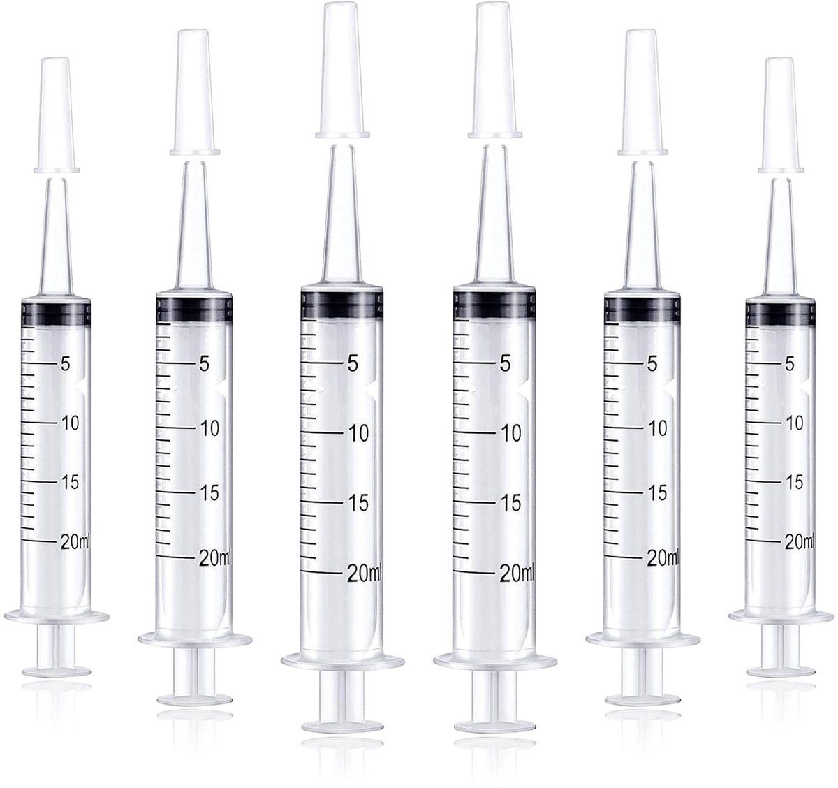 Set van 6 Steriele Plastic Doseringspuiten van 20 ml met Deksel voor Laboratorium, Diervoer en Plantenirrigatie