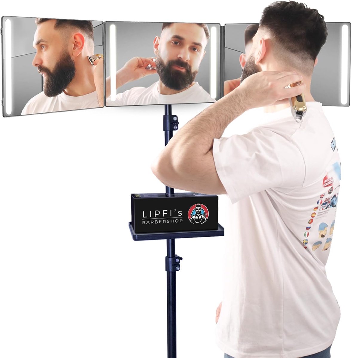 SnelShoppen - 360° Spiegel met Statief, Verstelbare Ophanghaken, 4 LED-lampjes en USB-C Opladen - Draagbare Vouwbare Reisspiegel voor Knippen, Scheren