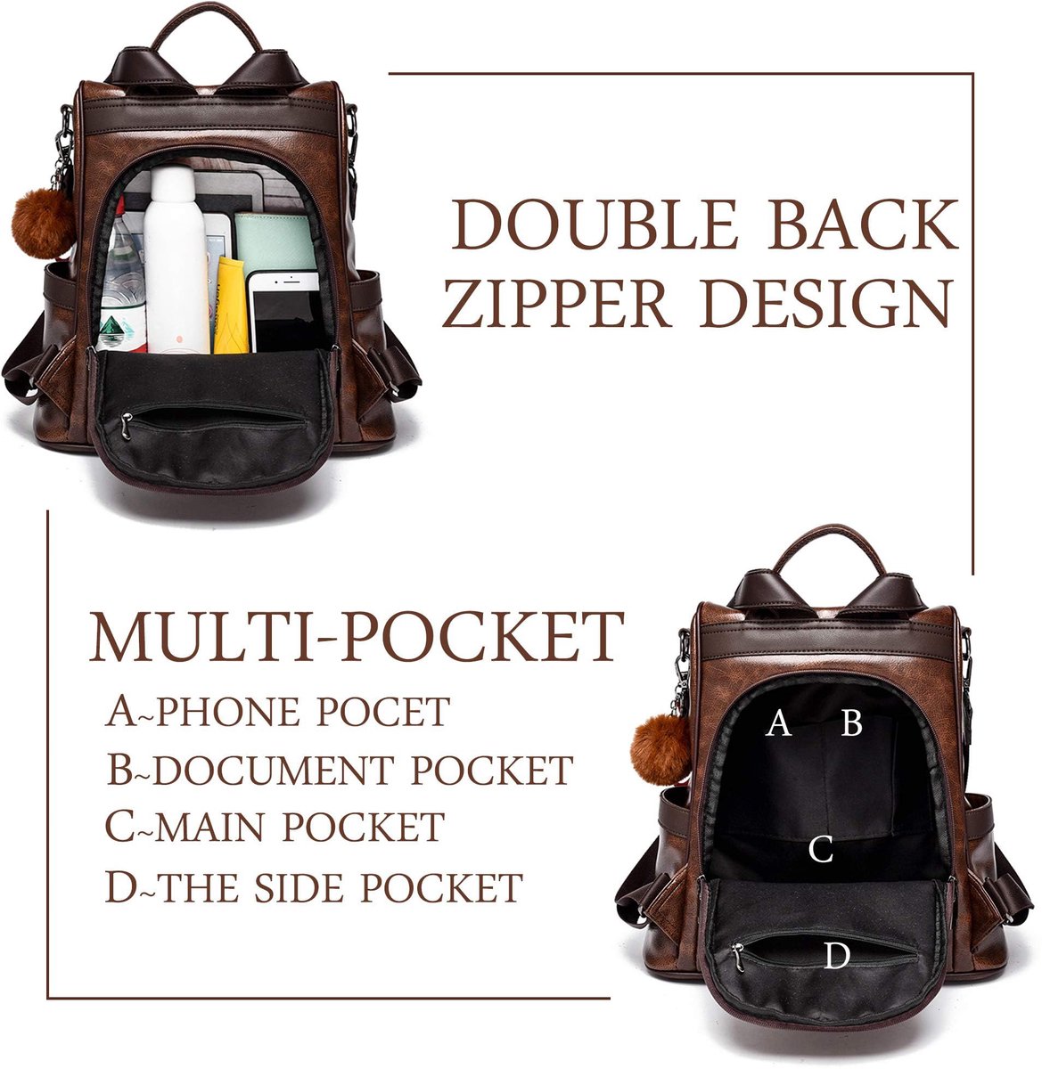 SnelShoppen - Vrouwen PU Lederen Rugzak Portemonnee Waterdichte Casual Satchel School Schoudertas voor Dames - Bruin - Ideaal voor Dagelijks Gebruik e