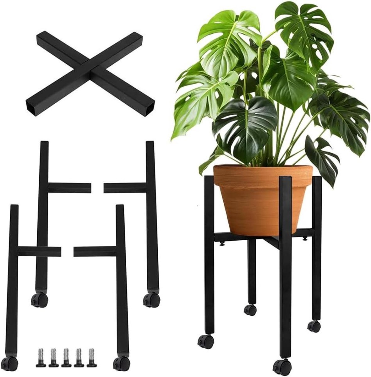 Plantentafel met Wielen - Bloemenkruk - Planten Verplaatsen - In Hoogte Verstelbaar - 24-38 cm - Zwart
