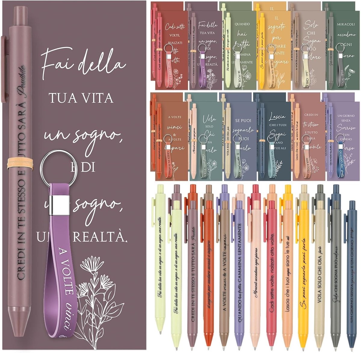 24-delige set met Italiaanse motiverende citaten: 24 pennen, 24 boekenleggers en 24 sleutelhangers als cadeau voor collega's en vrouwen