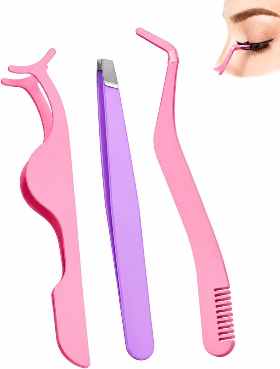 Set van 3 wimperpincetten met antislip handgreep voor nauwkeurige wimperverlenging en zelftoepassing, ideaal voor wimperextensions en make-up.