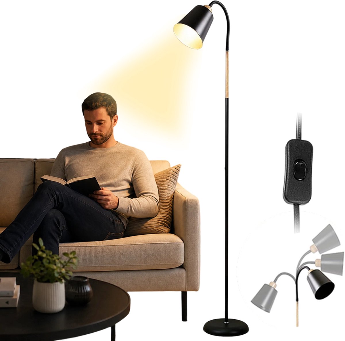 Vloerlamp - Staande Lamp - 1 Lampkop - Houtnerf - E27 - Verstelbare Hoogte/Hoek - Metalen Voet - Voor Woonkamer en Slaapkamer - Zwart