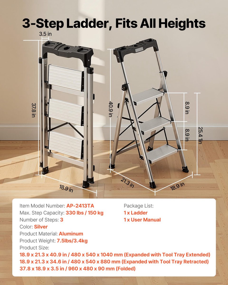SnelShoppen - Ruimtebesparende vouwladder met 3 treden, antislip voetpedaal, comfortabele handgreep, aluminium, 150 kg capaciteit, multifunctionele la