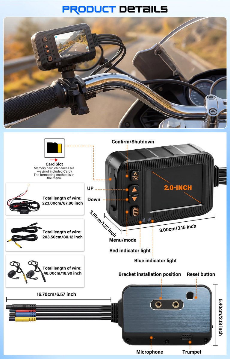 SnelShoppen - 1080P HDR Dashcam voor Motor met Voor- en Achtercamera, G-sensor, Loopopname, IP67, 2" IPS HD-scherm, Universele Montage