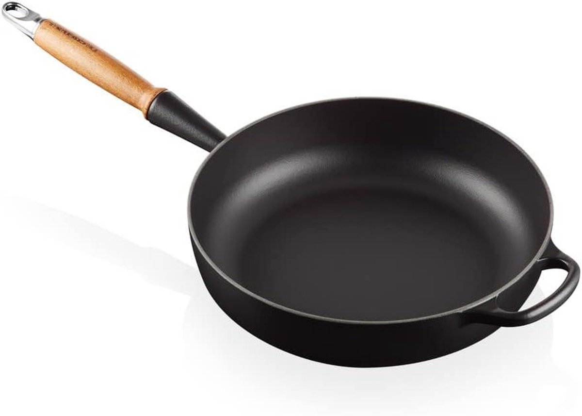 Gietijzeren Braadpan - Ovenpan Hout Handvat - Langzaam Garen - Gelijkmatige Warmte - 28 cm - Matzwart