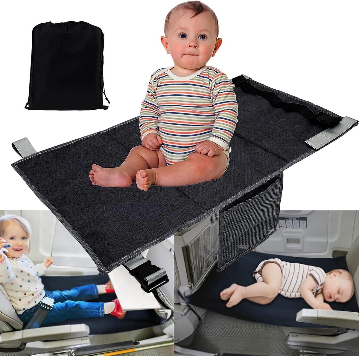 Kinder Vliegtuig Voetensteun - Reis Bedje - Comfortabel Reizen - Snelle Installatie - Compact - Zwart