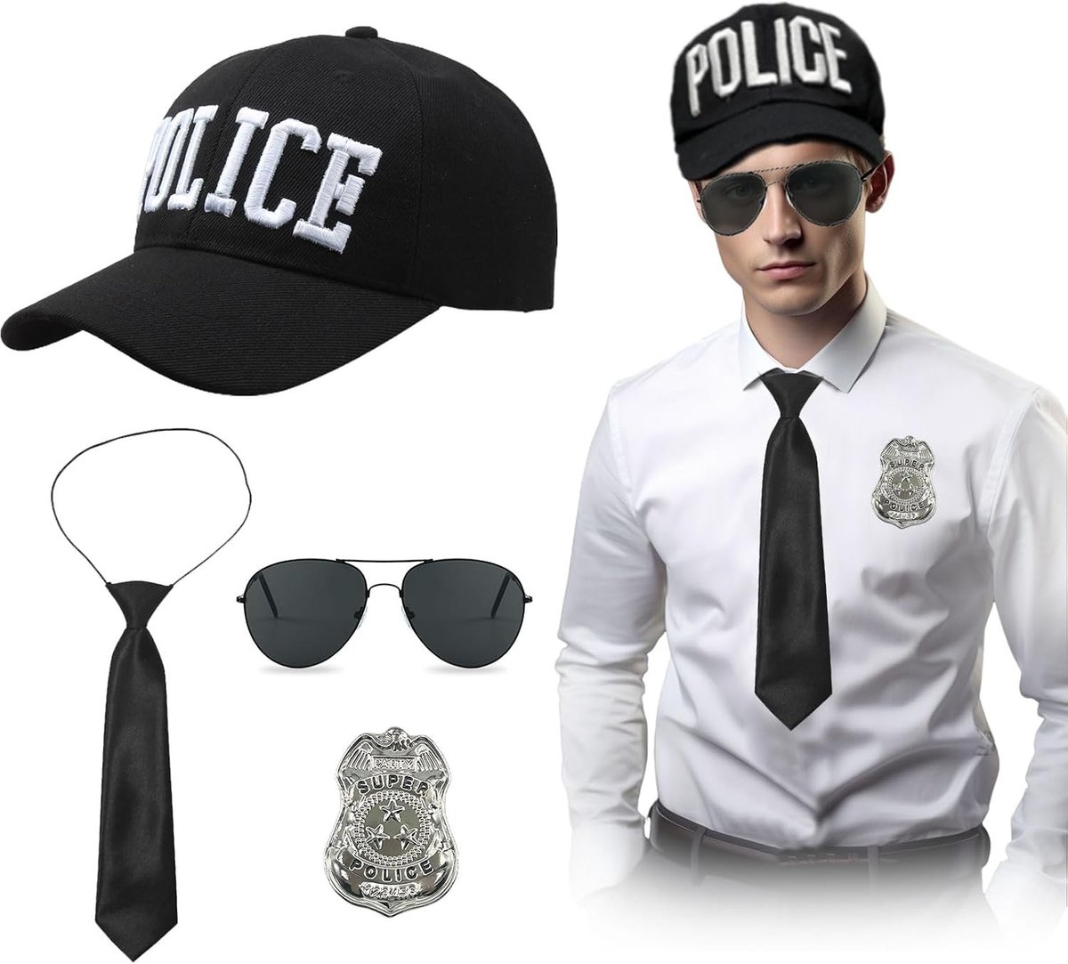 Politie Kostuum Accessoires Set met Hoed, Zonnebril, Stropdas en Badge voor Themafeesten en Verkleedpartijen