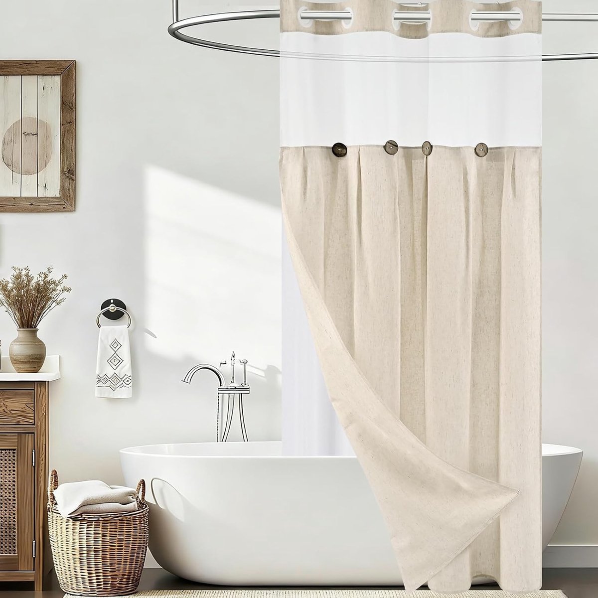 Douchegordijn 120 x 205 cm, Beige Anti-Schimmel Textiel, Wasbaar en Dubbel Laags met Gewichten en Transparante Venster