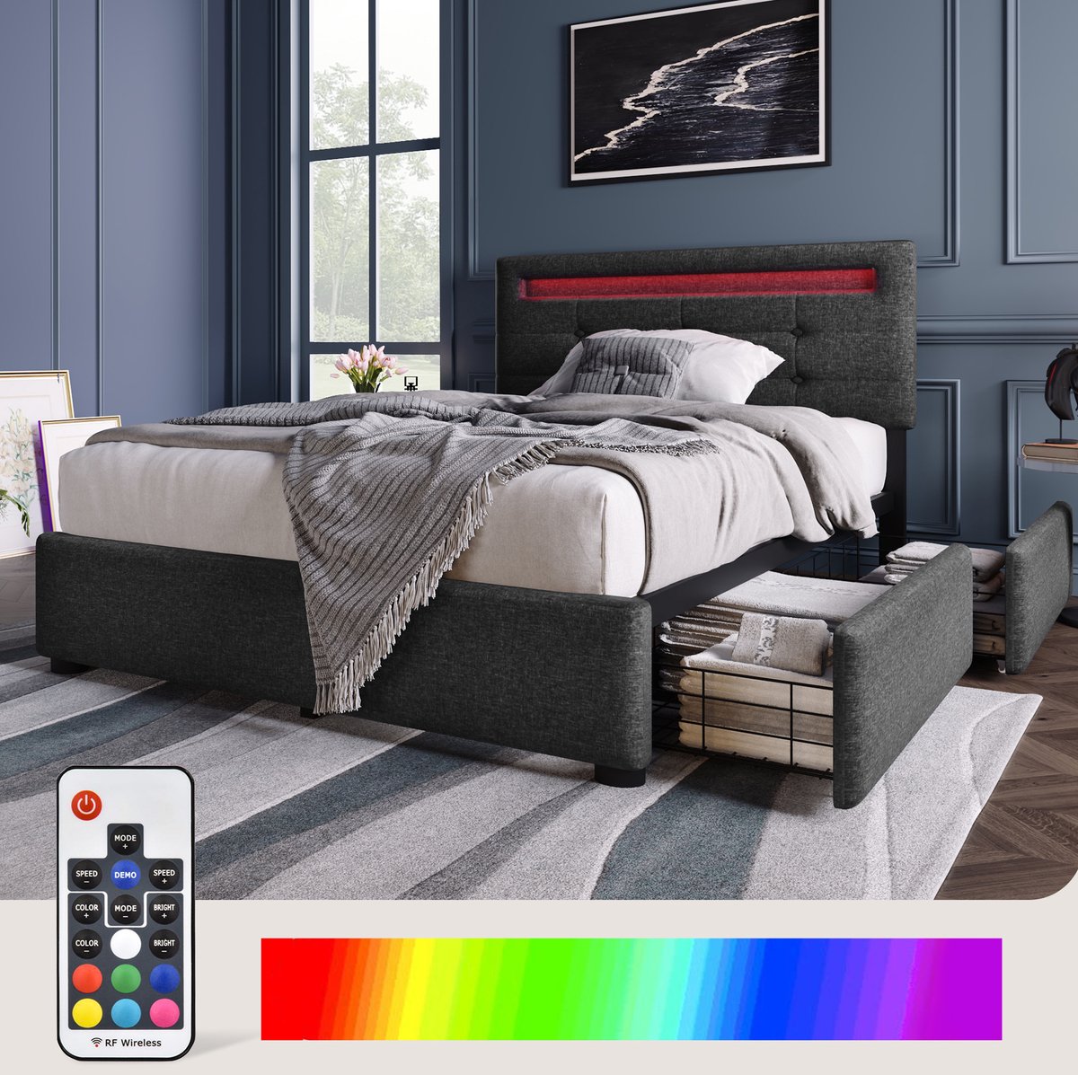 COVREO Bedframe met LED-verlichting en 2 lades – 90x200 cm – Boxspringbed met verstelbaar hoofdeinde – voor slaapkamer en dagelijks gebruik – Grijs - met matras