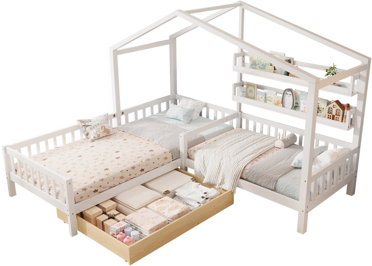 COVREO Kinderbed huisbed 200x90 cm en 140x70 cm wit hout met opbergruimte, zonder matras