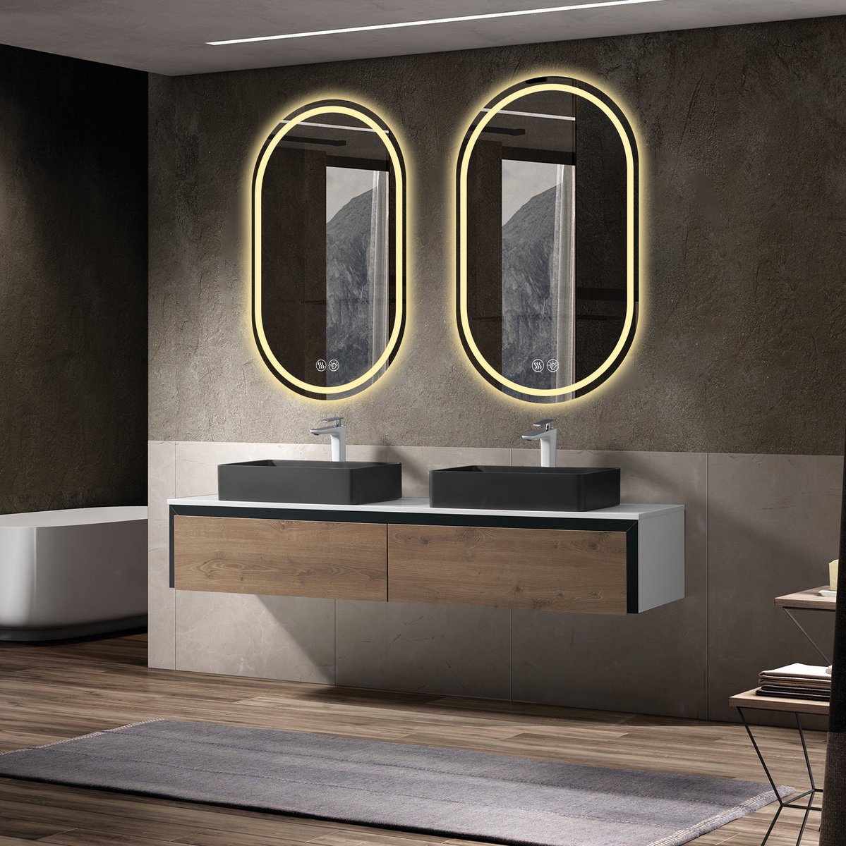 LED Badkamerspiegel Ovaal 60 x 90 cm Frameloos Aanraakscherm Anti-condens Dimbaar Glas Zilver Voor Badkamer