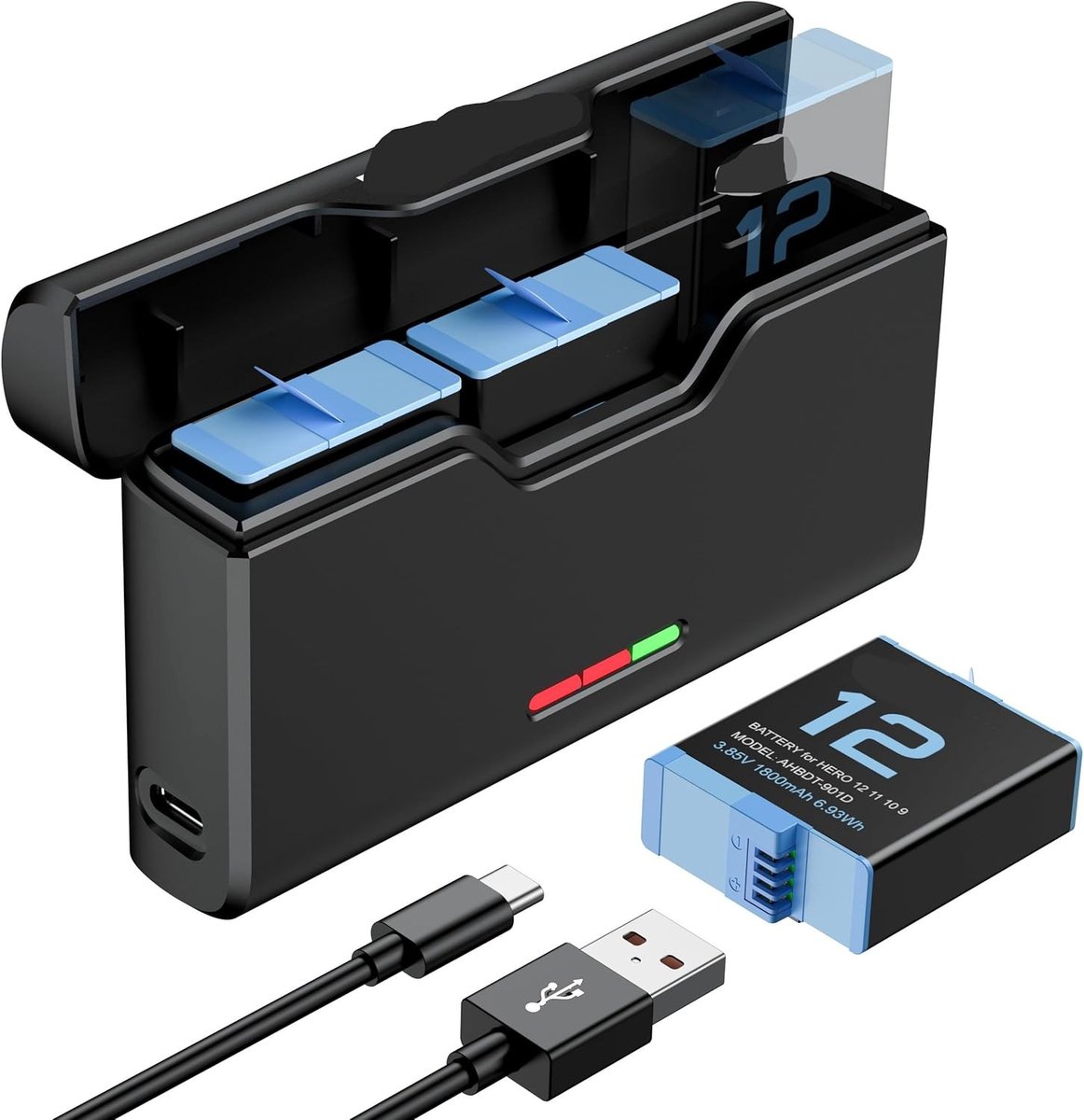 Accu Set voor Hero 12, 11, 10, 9 - 3 x 1800 mAh Batterijen en 3-Kanaals USB LCD Oplader, Volledig Compatibel voor Actiecamera's en Fotografie