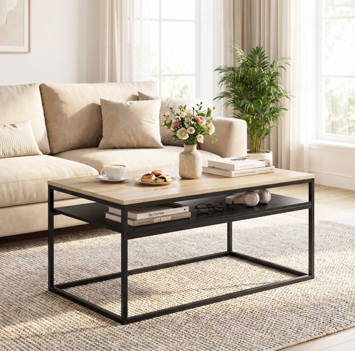 OKWISH Salontafel - Met Onderplank - 100 x 59,8 x 47 cm - 2 Niveaus Opbergruimte - Industriele Stijl - Spaanplaat en Metaal - Eiken