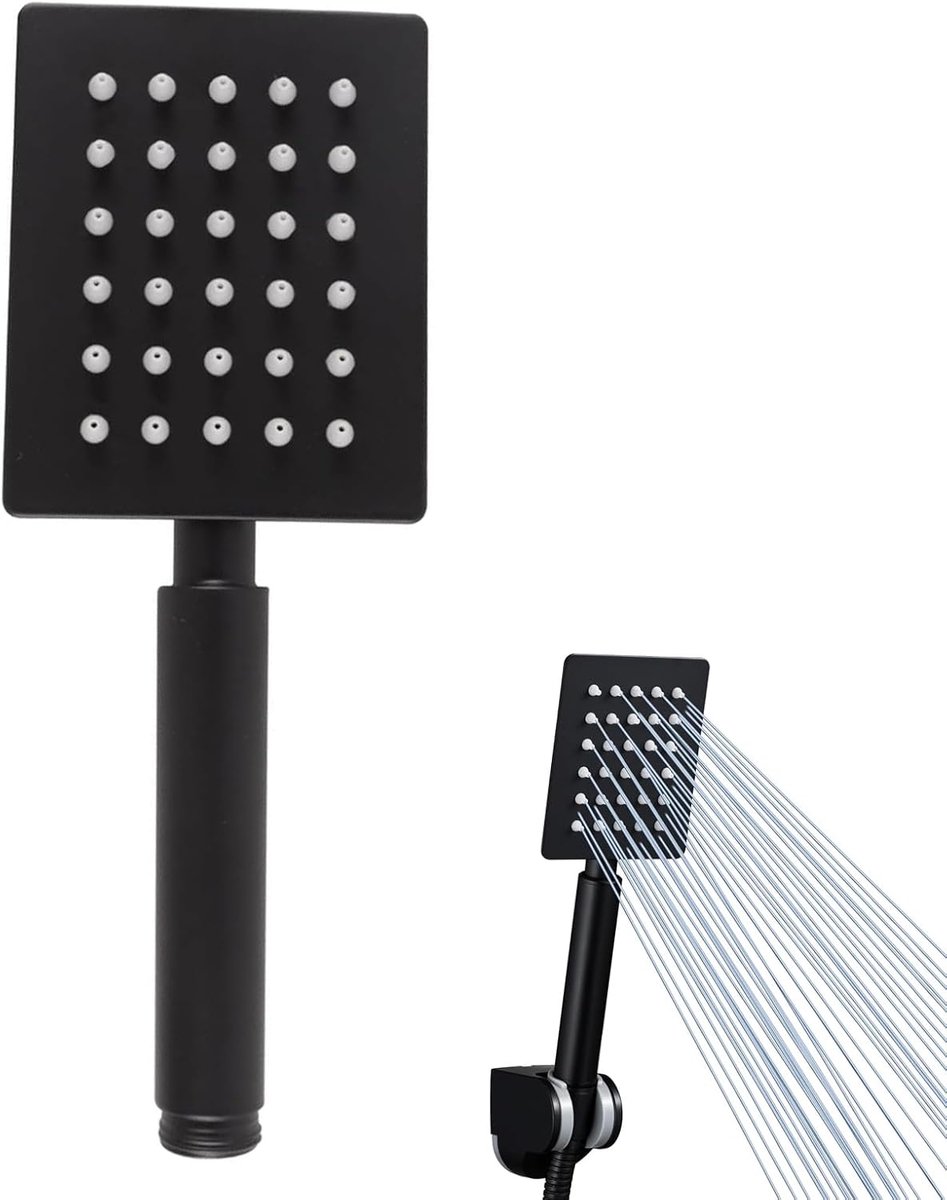 SnelShoppen - Hogedruk Douchekop Groot Vierkant 20 cm Zwart Roestvrij Staal Regendouche met Slang voor Douche en Doorstroomboiler