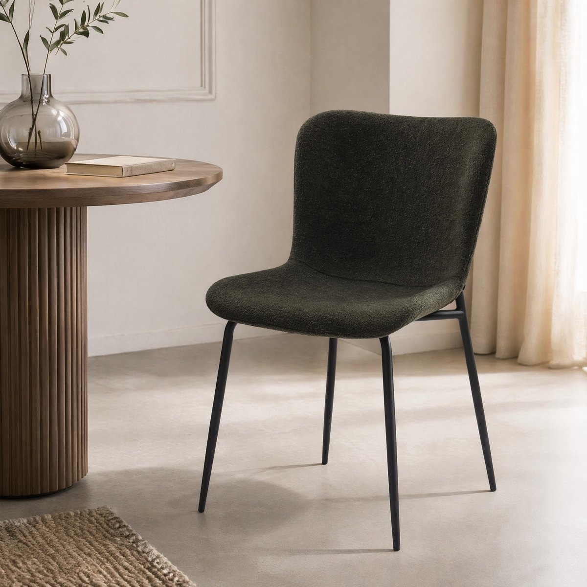MEUNIQ moderne eetkamerstoel set van 2 met hoge ronde rugleuning, stofbekleding en metalen poten, groen, voor eetkamer of werkkamer