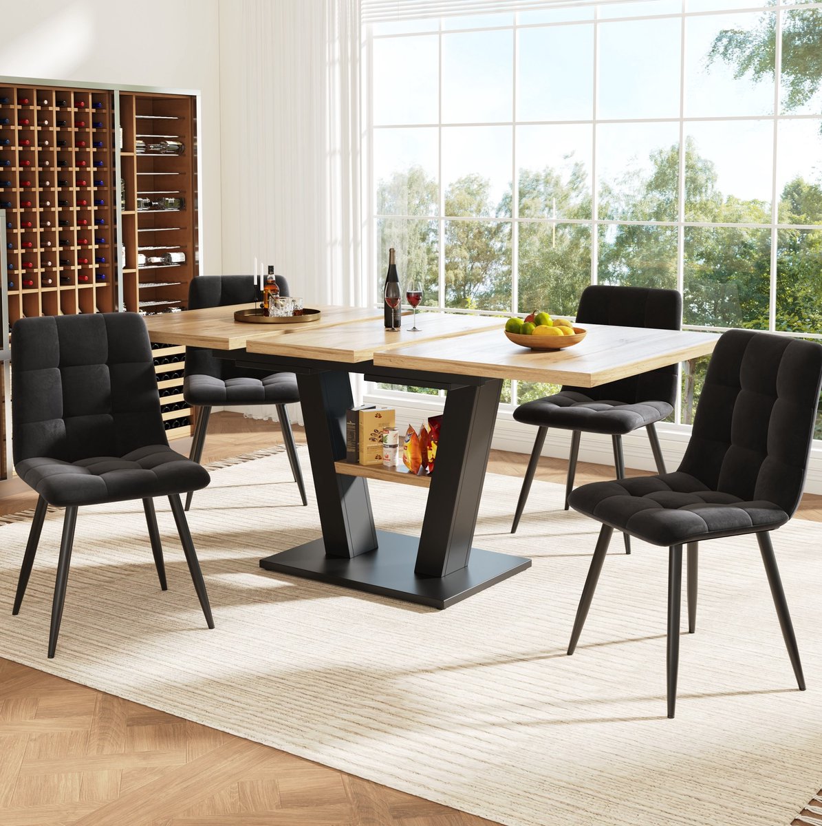 MEUNIQ 5-delige uitrekbare eettafelset 118-157 x 70 x 75 cm met 4 gestoffeerde stoelen, eethoek voor keuken of woonkamer, zwart en naturel