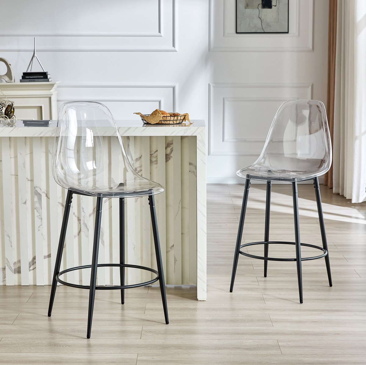 MEUNIQ Transparante barkruk set van 2 met rugleuning en zwarte metalen poten, zithoogte 66 cm, voor keukenblad en bar Black
