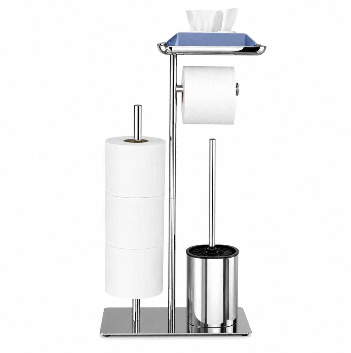 BSS® Toiletbutler Zilver – Staande Toiletpapierhouder met Wc-borstel, Toiletset met Glazen Plank en Tablet-/Telefoonhouder
