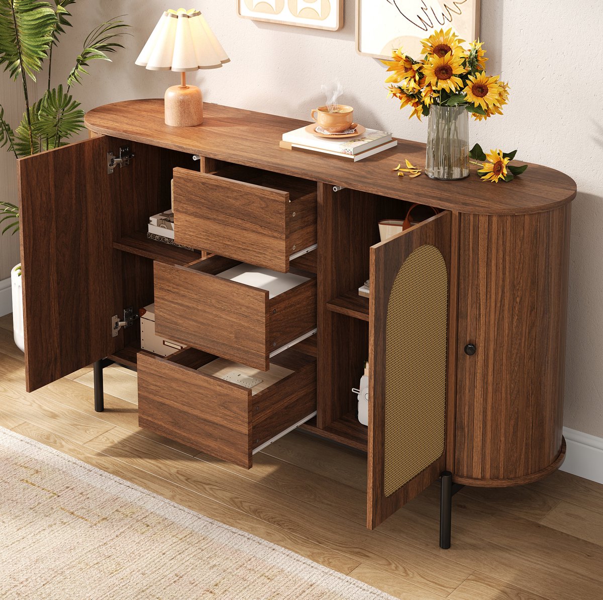 DESMIU Dressoir - Ovale Opbergkast Met Rotan En Laden - Voor Woonkamer En Hal - MDF En Metaal - 140x38x77,5 Cm - Walnoot