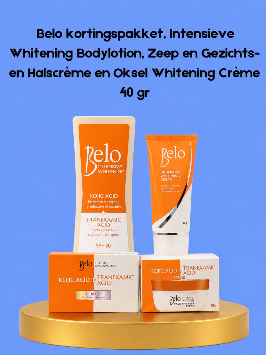 Belo kortingspakket, Intensieve Whitening Bodylotion, Zeep en Gezichts- en Halscrème en Oksel Whitening Crème 40 gr