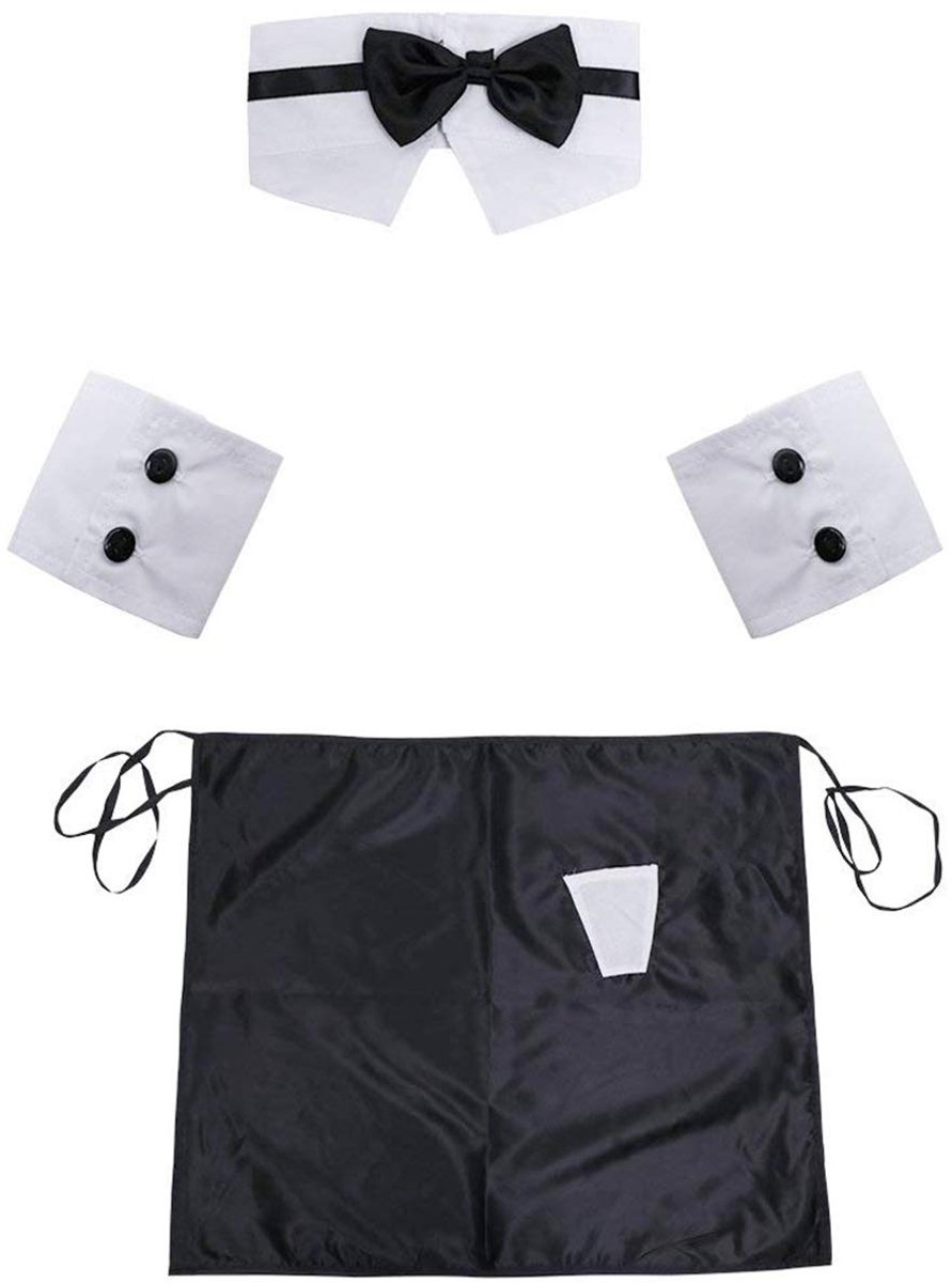 SnelShoppen - 4 Stuks Naughty Butler Ober Kostuum met Strik Kraag en Manchetten, Schort Bodysuit Lingerie Outfit voor Feesten, Verkleedpartijen en The