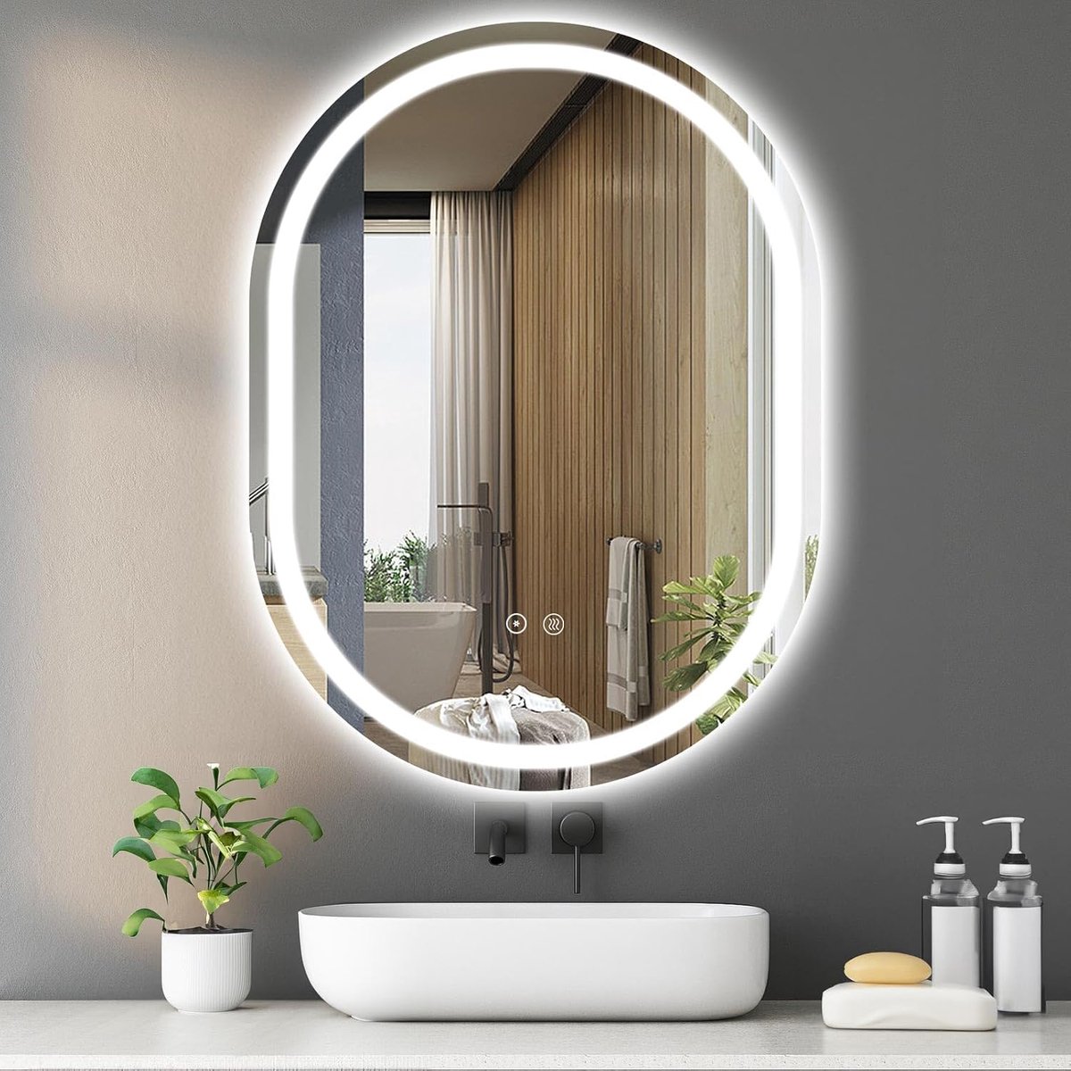 SnelShoppen - Led-badkamerspiegel 50 x 70 cm Ovaal Met Driekleurige Verlichting, Wandspiegel Met Anti-condens En Touch-schakelaar Voor Badkamer, Woonk