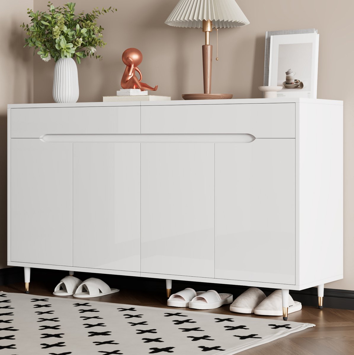 COVREO Schoenenkast 140x39x84 cm – wit en goud, 2 deuren, 2 lades, verstelbare planken
