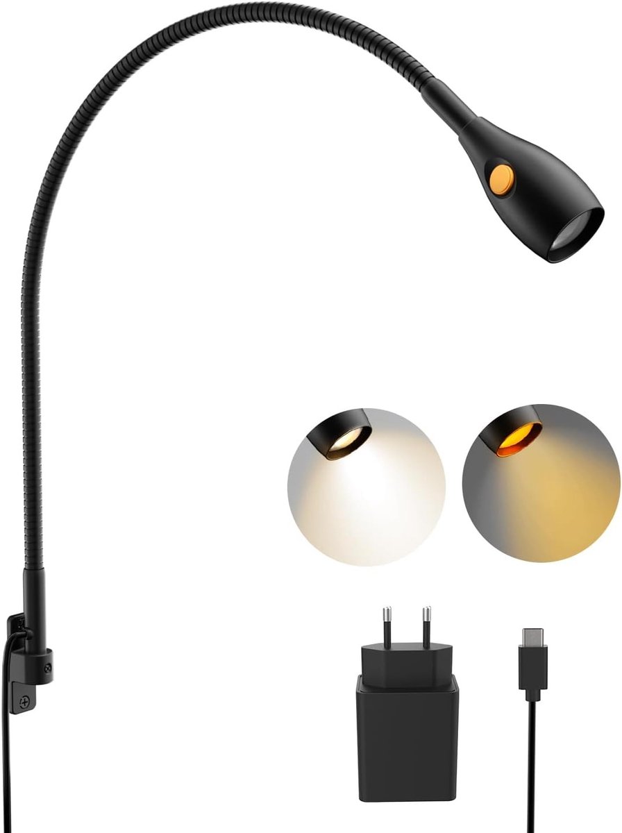 Wandlamp met dimbare LED-verlichting, 3000K amberkleurig, flexibele hals en draaibare lamp