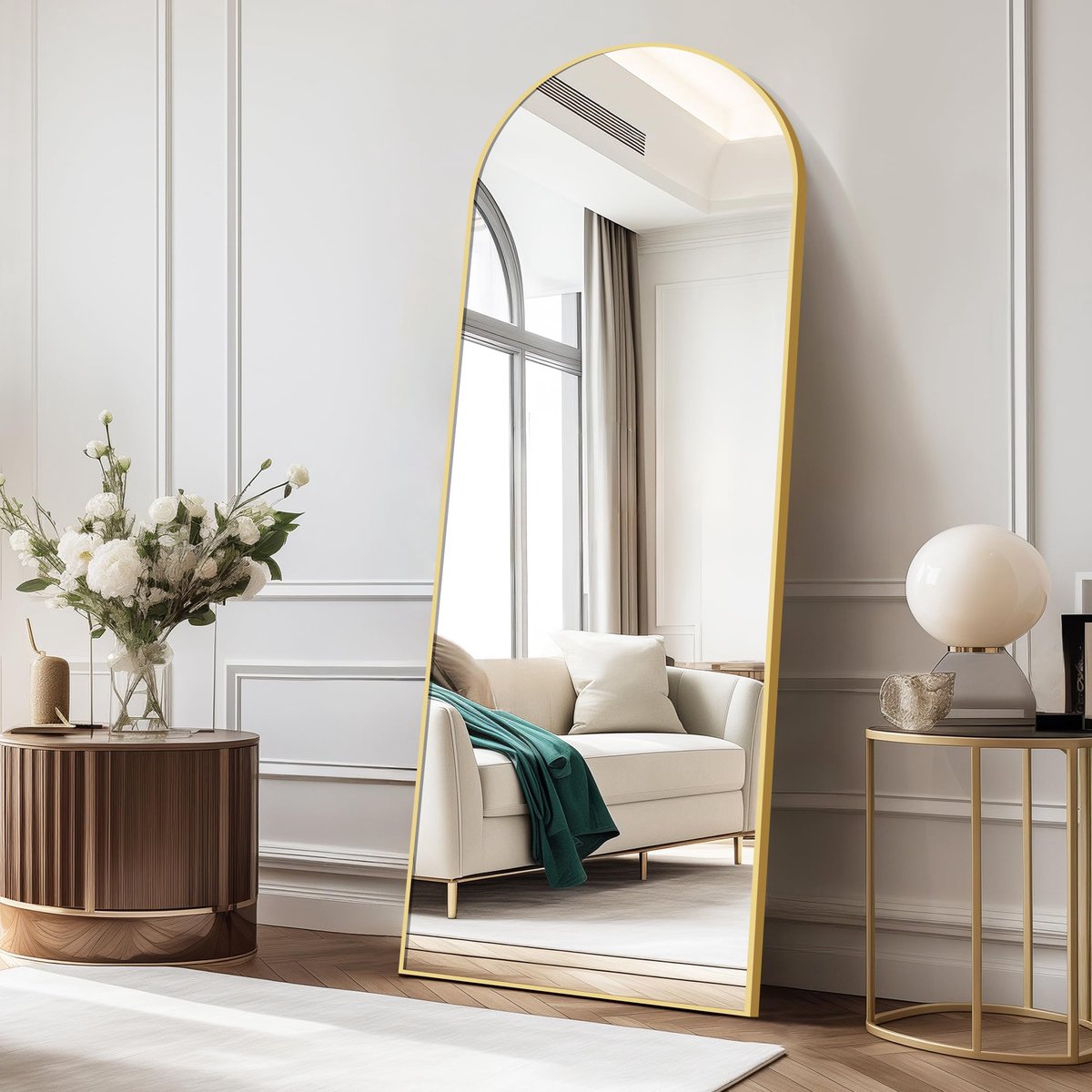 SnelShoppen - Boog Full-Body Spiegel 161 x 52 cm Vloerspiegel met Gouden Frame - Gewelfde Staande Spiegel voor Slaapkamer, Woonkamer - Grote Wandspieg