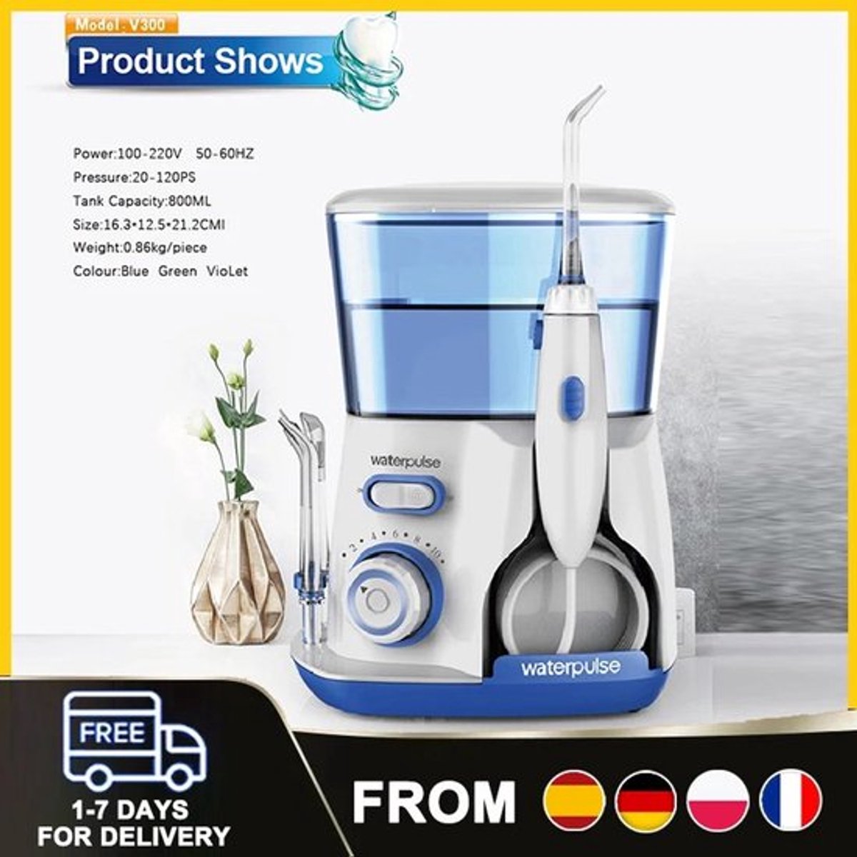 Elektrische monddouche Tandenborstelkop Waterflosser Tandenreiniger Grote capaciteit met 800 ml tank en 5 flo